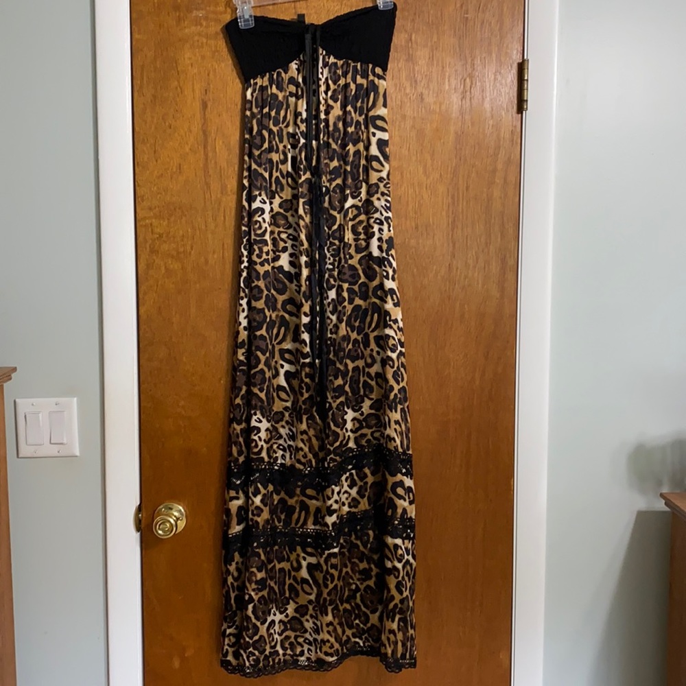 bebe Leopard Print Strapless Maxi Dress with Black Lace Trim
